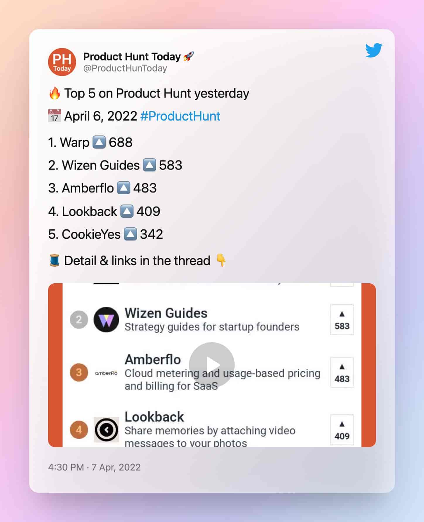 Tweet of Product Hunt Today