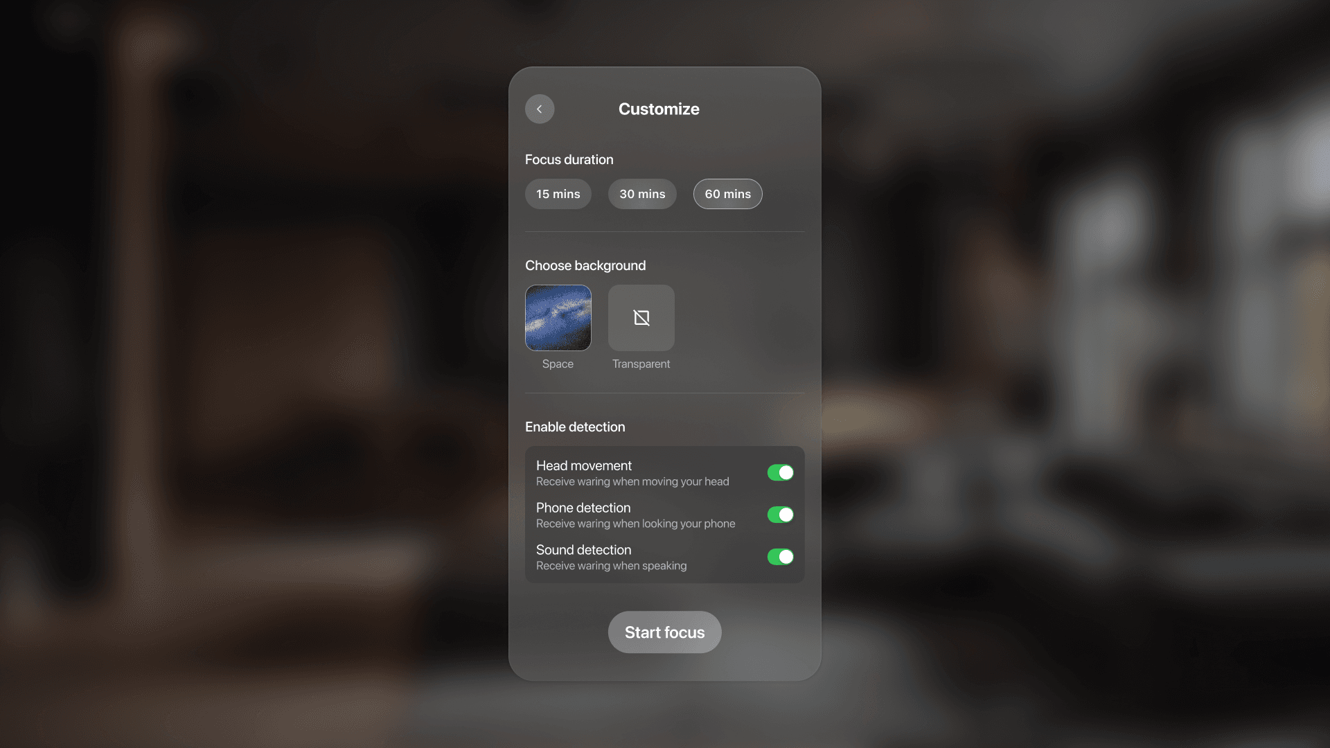 Customizing focus duration and AI detection: head movement, phone, sound